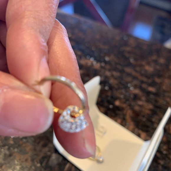 Gold hoop earrings with crystal blingheart charm. - Picture 3 of 4